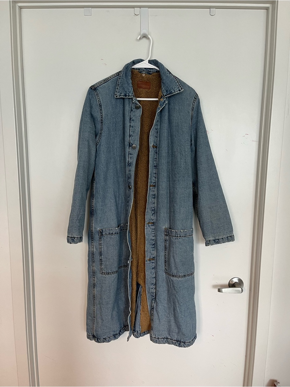 Zara Blue Denim Longline Jacket with Brown Sherpa